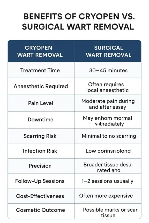 Table showing the benefits of cryopen to remove warts Guildford compared to surgical treatment